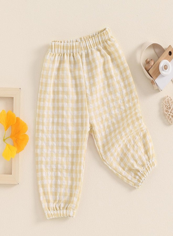 Lenjindjer Toddler Baby Girl Boy Cotton Linen Pants Plaid Elastic Jogger Gingham Lantern Long Pants Summer Fall Harem Pants (Khaki, 12-18 Months) - Image 4