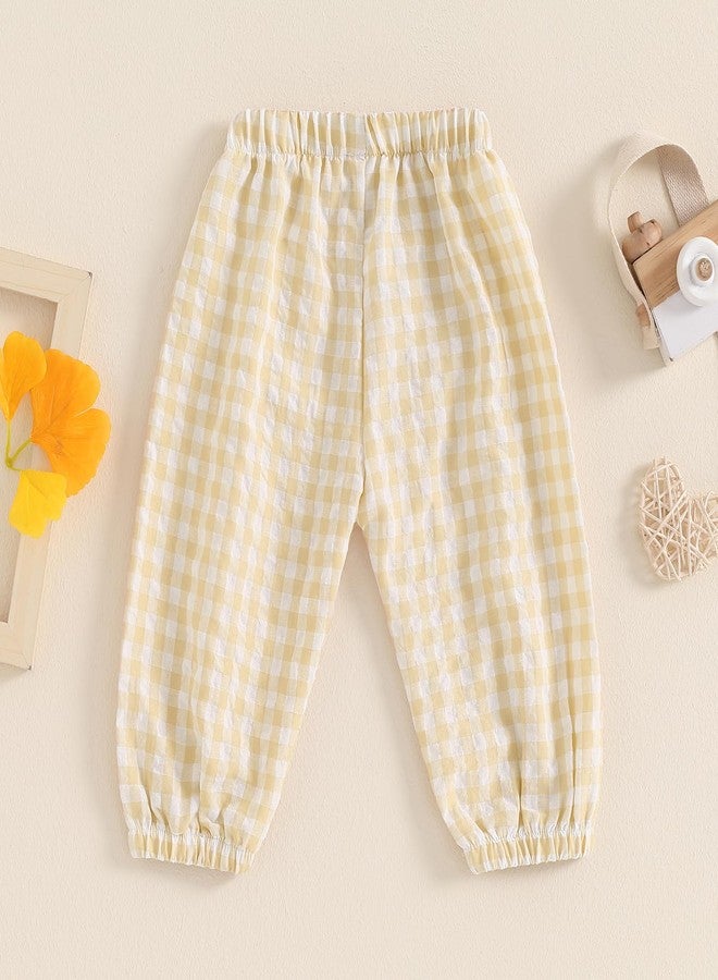 Lenjindjer Toddler Baby Girl Boy Cotton Linen Pants Plaid Elastic Jogger Gingham Lantern Long Pants Summer Fall Harem Pants (Khaki, 12-18 Months) - Image 2