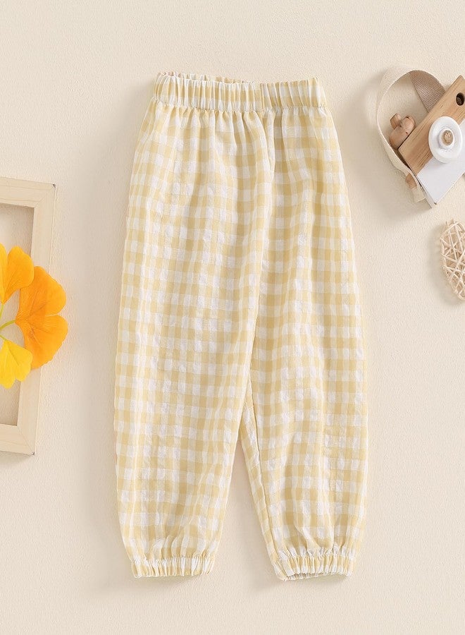 Lenjindjer Toddler Baby Girl Boy Cotton Linen Pants Plaid Elastic Jogger Gingham Lantern Long Pants Summer Fall Harem Pants (Khaki, 12-18 Months) - Image 3