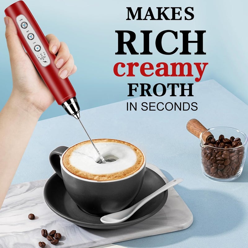 BSRGMS Milk Frother Handheld with Stand, Electric Whisk 3 Speed Adjustable, Drink Mixer with Stainless 3 Whisk, Rechargeable Hand Frother Wand, Foam Maker for Latte Cappuccino Hot Chocolate Egg Red - Image 5