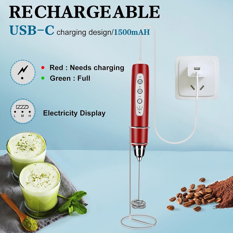 BSRGMS Milk Frother Handheld with Stand, Electric Whisk 3 Speed Adjustable, Drink Mixer with Stainless 3 Whisk, Rechargeable Hand Frother Wand, Foam Maker for Latte Cappuccino Hot Chocolate Egg Red - Image 2