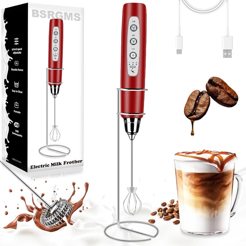 BSRGMS Milk Frother Handheld with Stand, Electric Whisk 3 Speed Adjustable, Drink Mixer with Stainless 3 Whisk, Rechargeable Hand Frother Wand, Foam Maker for Latte Cappuccino Hot Chocolate Egg Red - Image 1