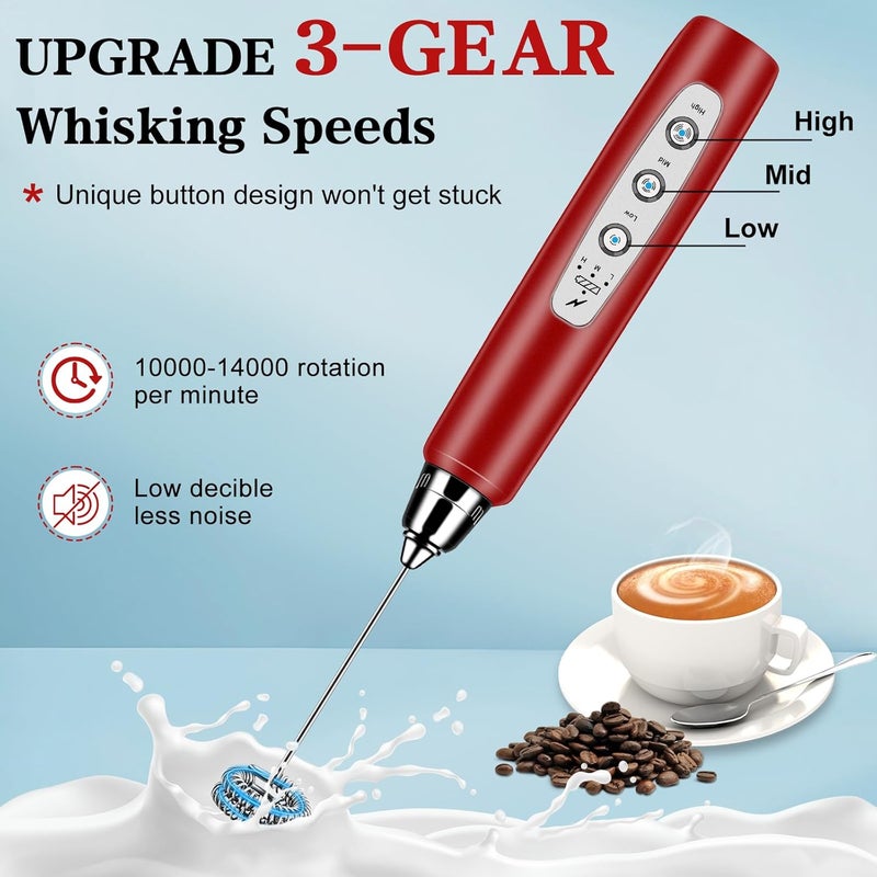 BSRGMS Milk Frother Handheld with Stand, Electric Whisk 3 Speed Adjustable, Drink Mixer with Stainless 3 Whisk, Rechargeable Hand Frother Wand, Foam Maker for Latte Cappuccino Hot Chocolate Egg Red - Image 3