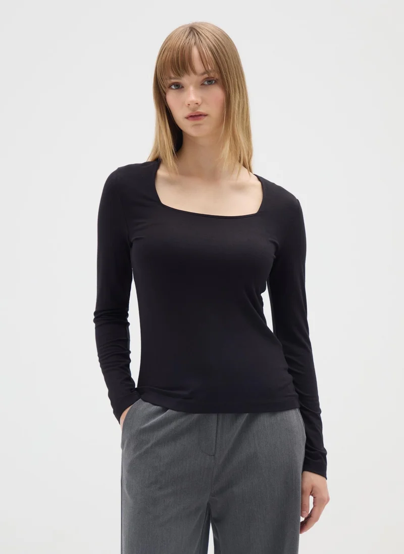 او في اس OVS Black Stretch Viscose Jersey Regular Fit