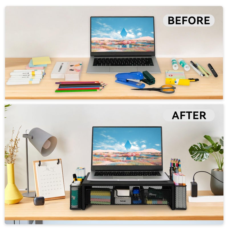 Qupui Computer Monitor Stand Riser with Drawer and Pen Holders, Desk Organizer Shelf and Accessories, Office Desk Accessories, Office Organization, Black - Image 3