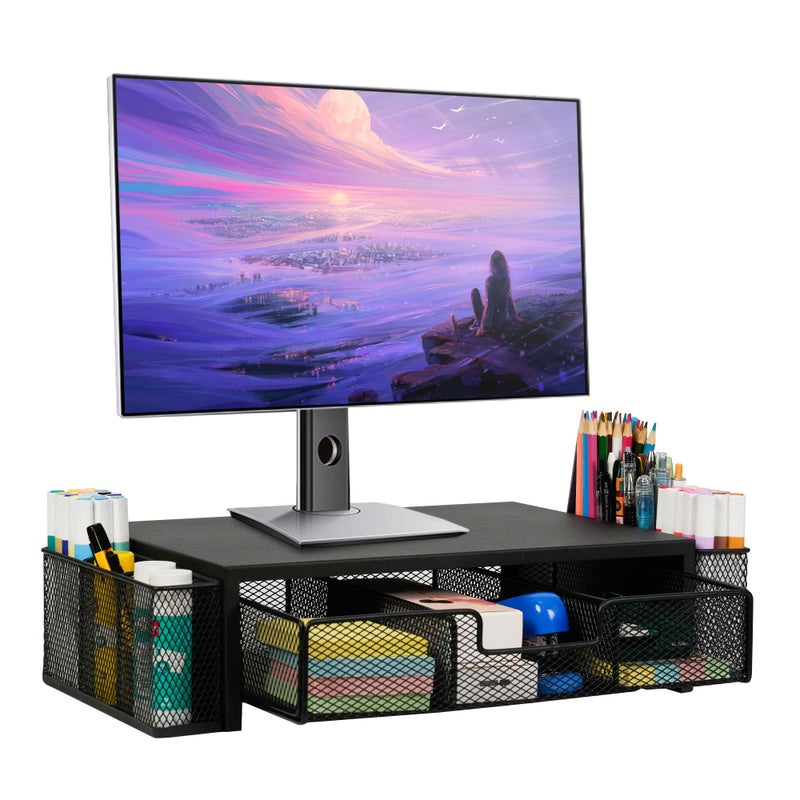 Qupui Computer Monitor Stand Riser with Drawer and Pen Holders, Desk Organizer Shelf and Accessories, Office Desk Accessories, Office Organization, Black - Image 1