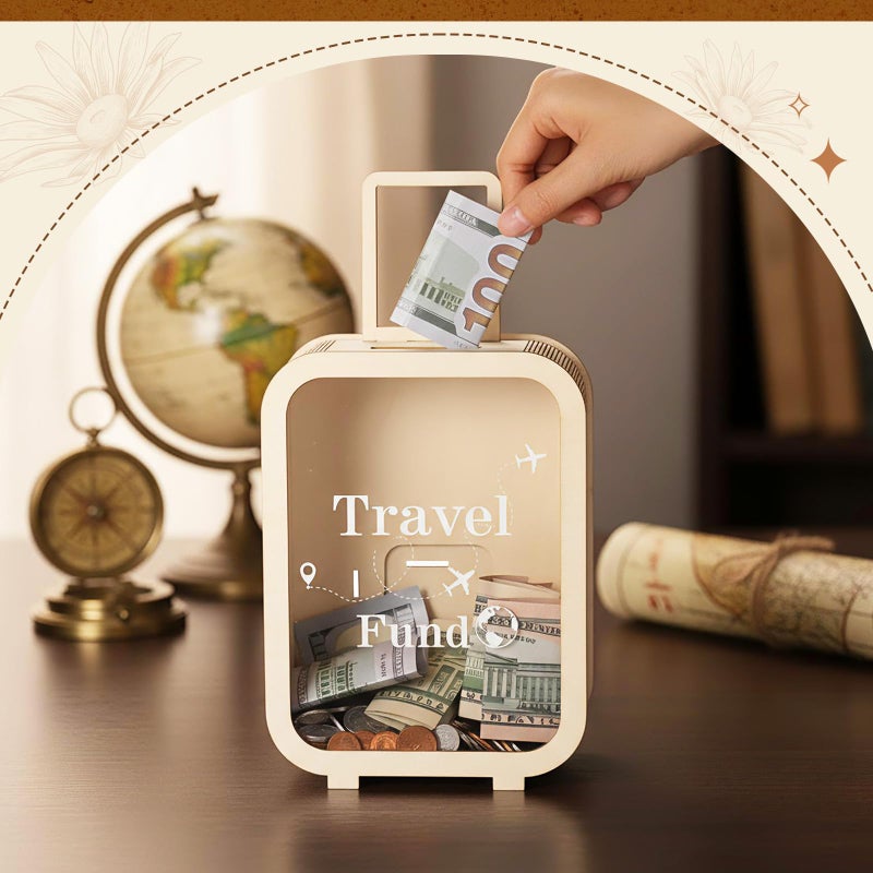 Vesici Travel Fund Money Box Wooden Vacation Decorative Savings Box Suitcase Wood Honeymoon Money Coin Bank Case Gift for Adults Wedding Reception, Birthday, Bridal Showers - Image 3