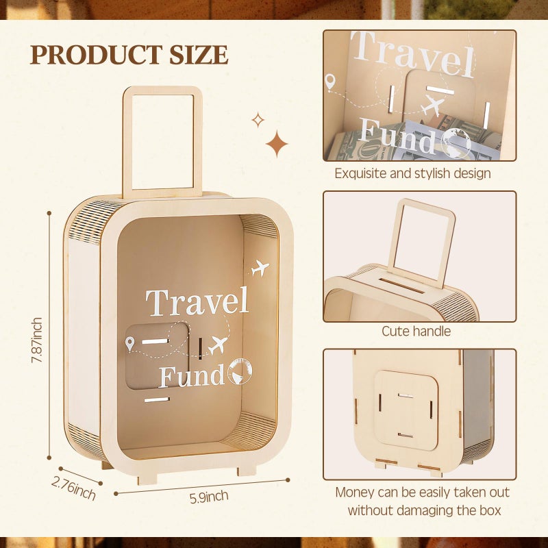 Vesici Travel Fund Money Box Wooden Vacation Decorative Savings Box Suitcase Wood Honeymoon Money Coin Bank Case Gift for Adults Wedding Reception, Birthday, Bridal Showers - Image 2