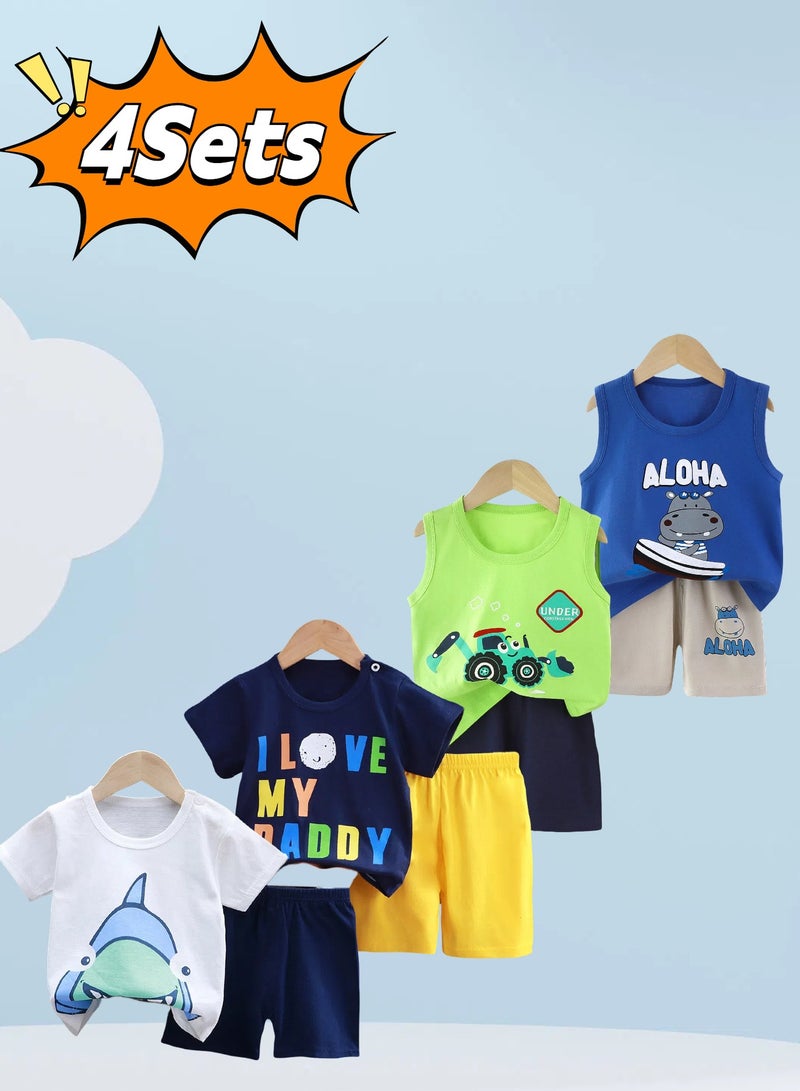 4 boys short sleeve and shorts set, 4 hippo shark excavator alphabet cartoon prints change at will - Image 2