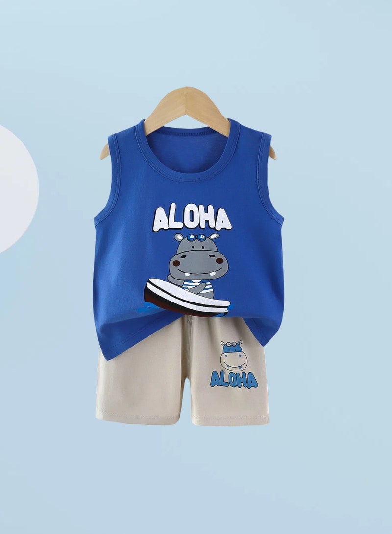4 boys short sleeve and shorts set, 4 hippo shark excavator alphabet cartoon prints change at will - Image 5