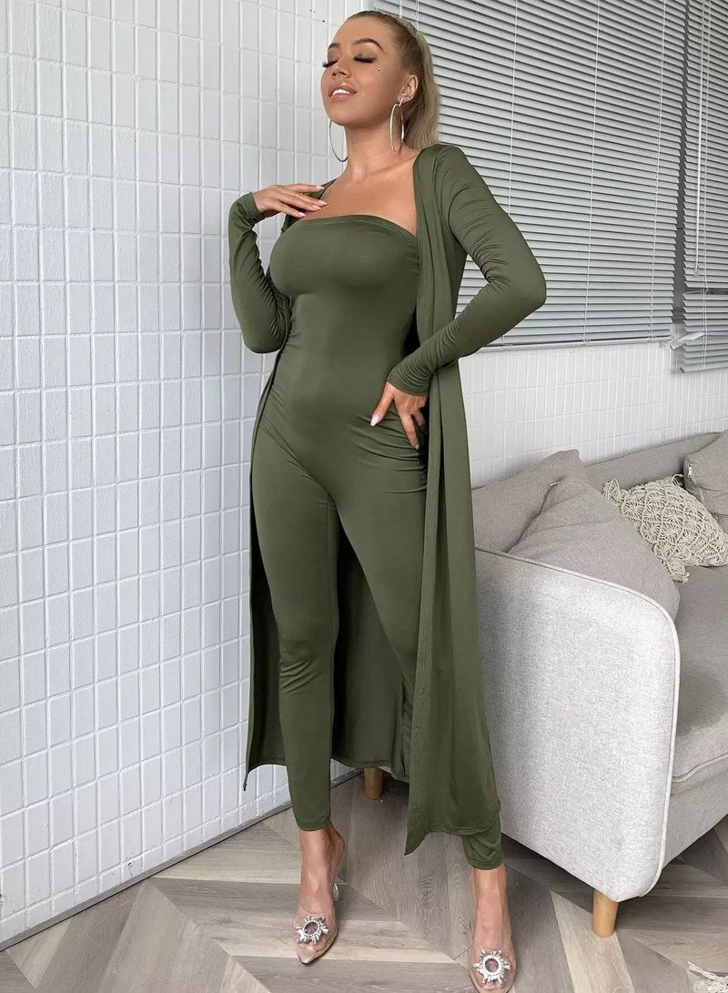 Solid Tube Unitard Jumpsuit With Coat - Image 3