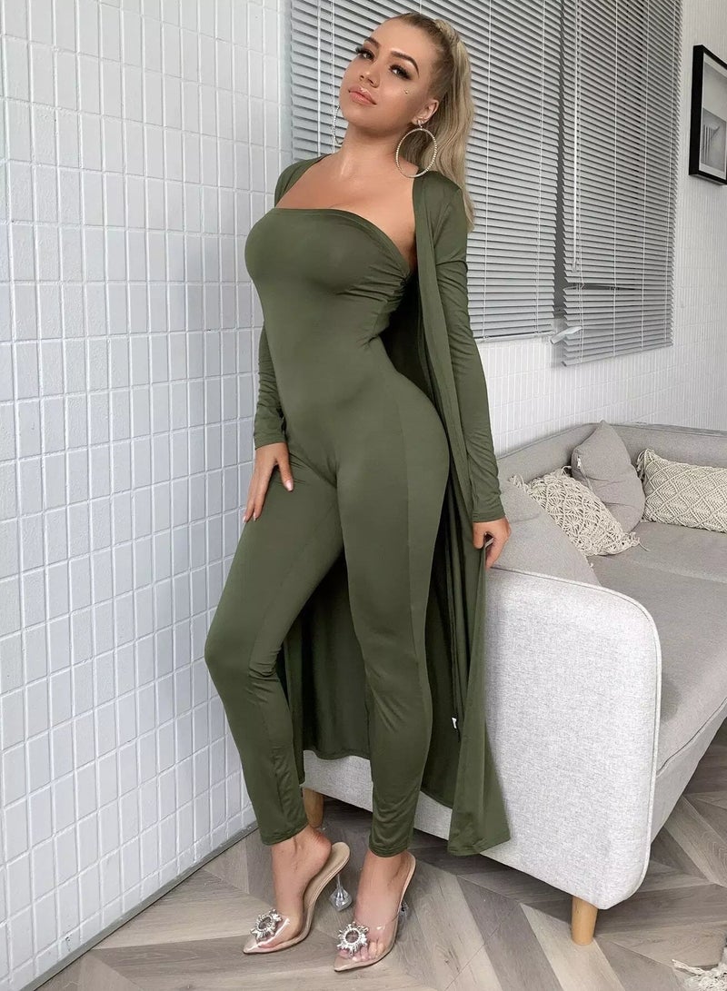 Solid Tube Unitard Jumpsuit With Coat - Image 2