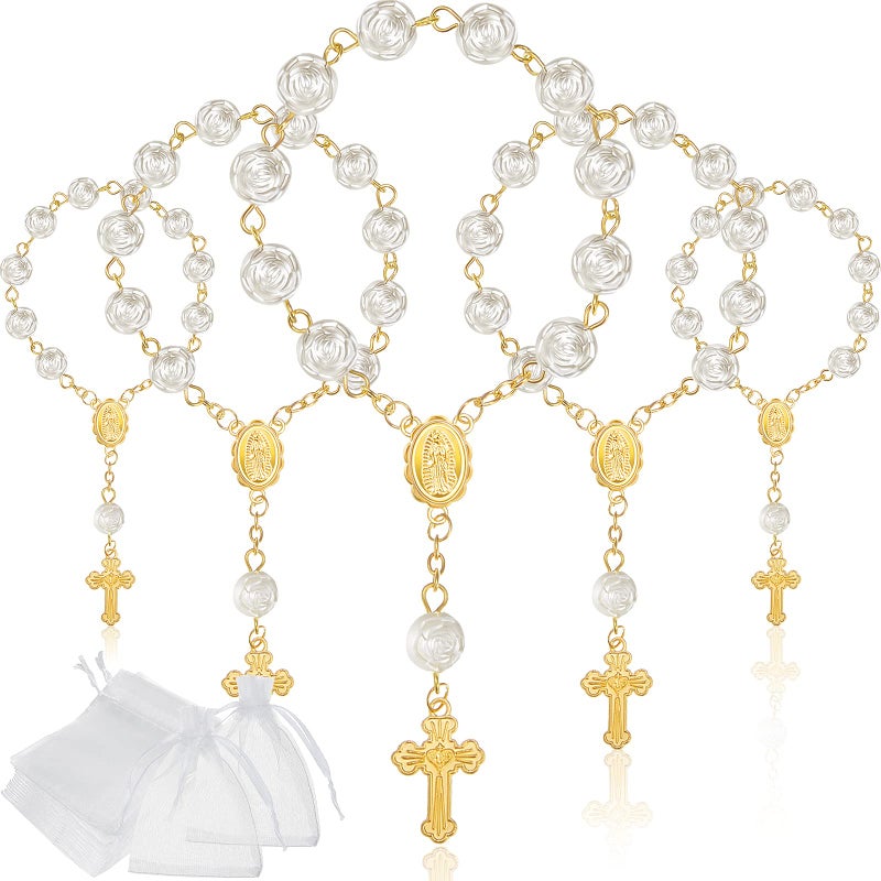 Jadive 30 Pieces Mini Rosaries Baptism Rosary Beads Finger Baptism Rosaries Bulk with Organza Bags for First Communion Christening Weddings Party FavorsGold