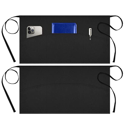 Syntus 2 Pack Server Aprons with 3 Pockets, Waterdrop Resistant Waitress Waiter Waist Apron, 11.5-inch Black - Image 1