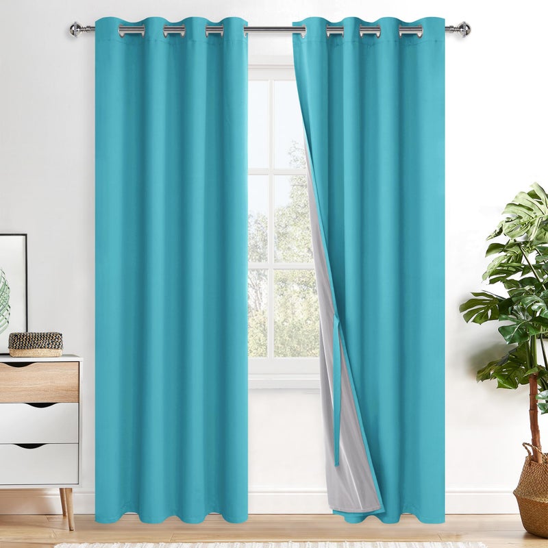 XWZO Complete Blackout Shades Window Curtain Panels with Tiebacks - Noise Reduction and Full Light Blocking Grommet Curtains with Black Liner for Studio  Turquoise  W52 x L84  Set of 2 - Image 1