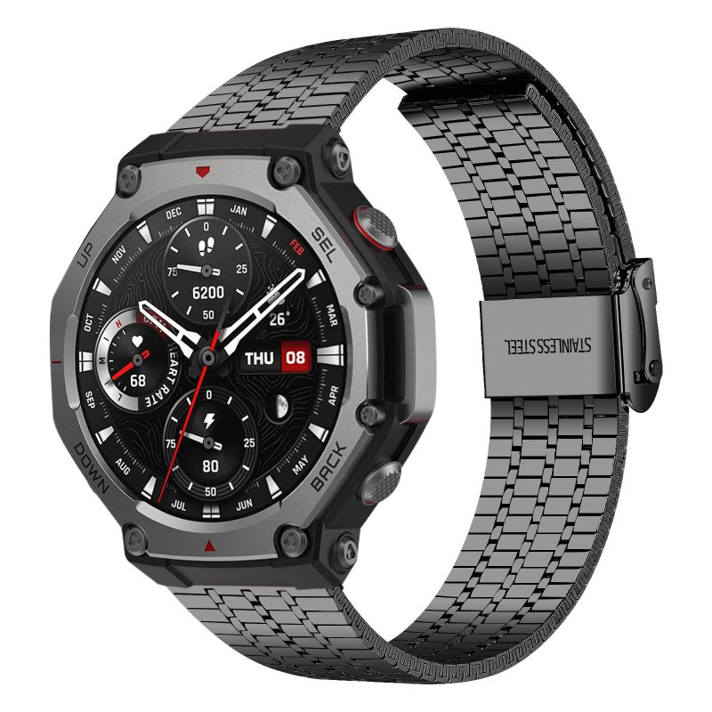erorex For Amazfit T-Rex 3 Seven Beads Buckle Stainless Steel Watch Band(Black) - Image 1