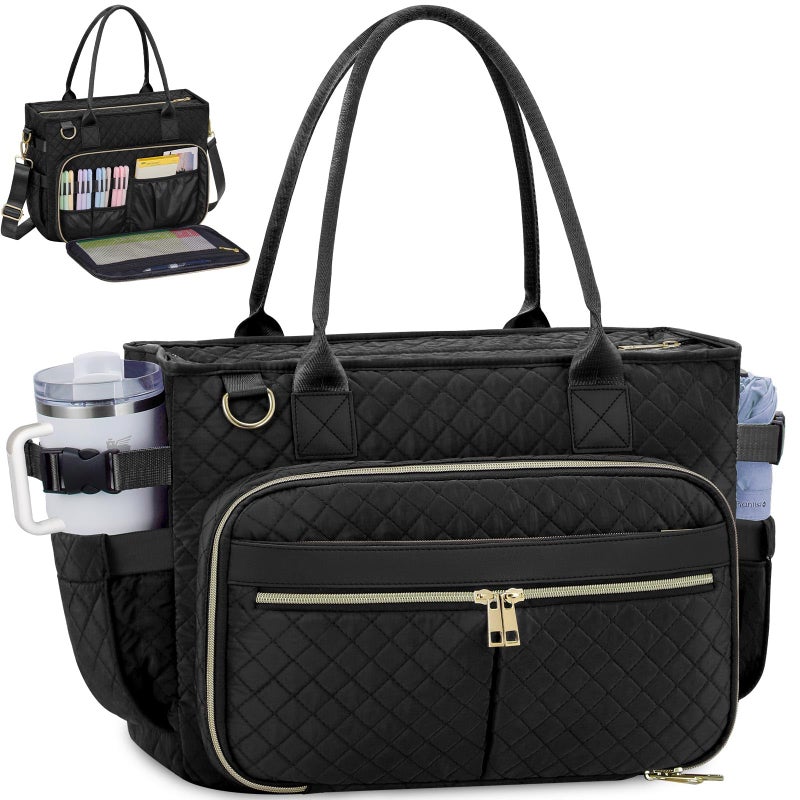 FIORETTO Teacher Tote Bag for Women with Laptop Compartment, Large Cup Holder, Zip Closure, Insulated Pockets & Self-Standing Design, Ideal for Work, Bible Study, Nurse & College Black 15.6 Inch - Image 1
