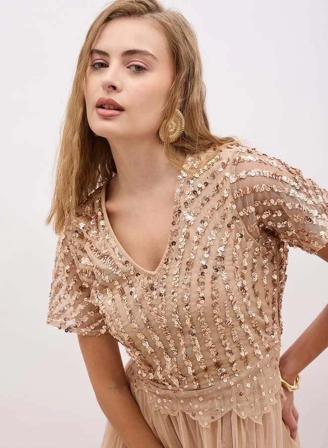 Styli Sequin Tulle Midi Dress