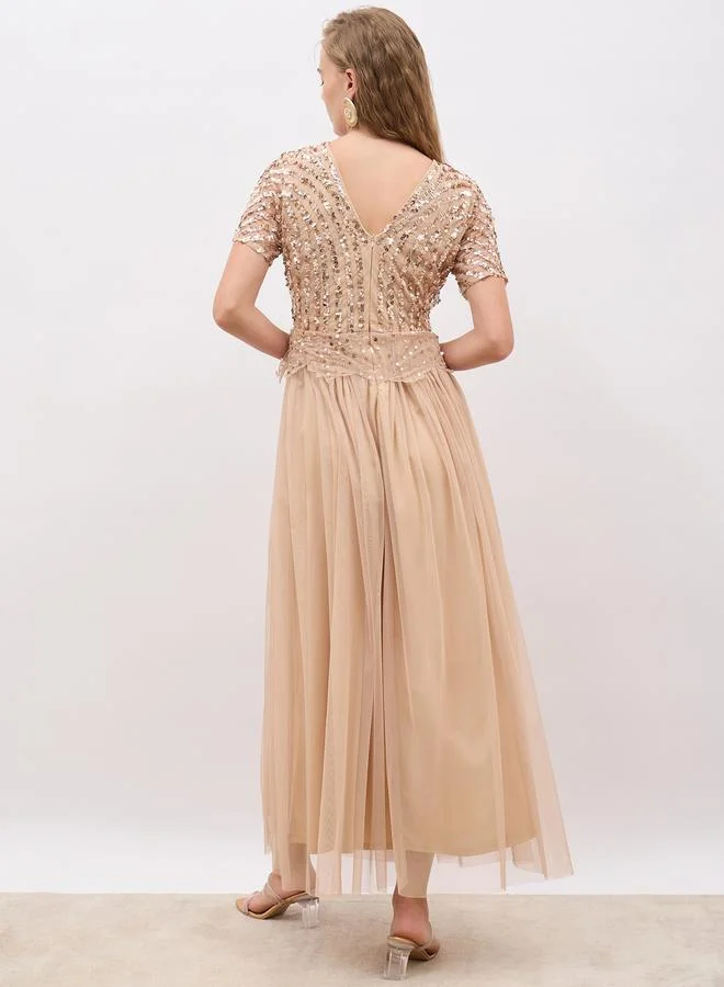 Styli Sequin Tulle Midi Dress