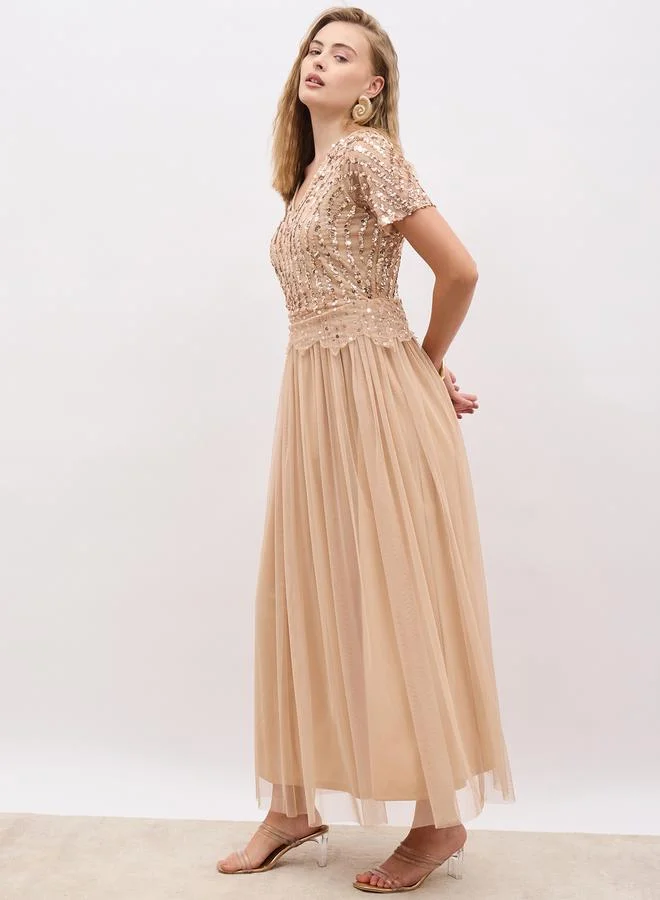 Styli Sequin Tulle Midi Dress