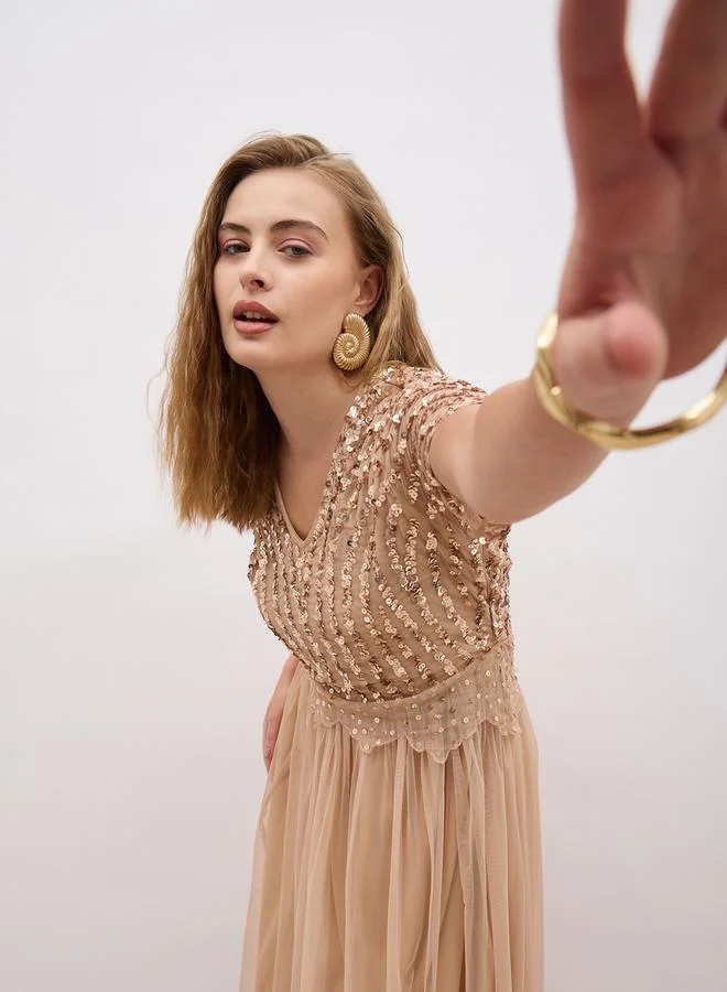 Styli Sequin Tulle Midi Dress