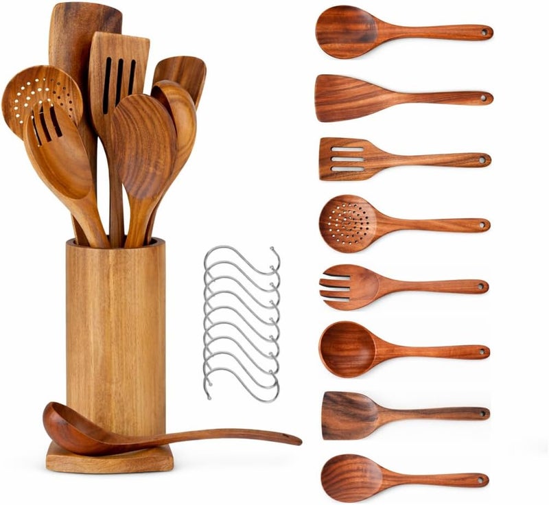 MAJURI 10-Piece Wooden Utensil Set with Holder, Spoon Rest & Hooks – Durable Non Toxic Cooking Utensils - Wooden Spoons for Cooking, Ideal Kitchen Utensil Set for Cooking Enthusiasts & House Warming - Image 1