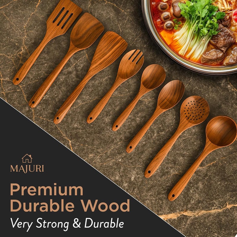 MAJURI 10-Piece Wooden Utensil Set with Holder, Spoon Rest & Hooks – Durable Non Toxic Cooking Utensils - Wooden Spoons for Cooking, Ideal Kitchen Utensil Set for Cooking Enthusiasts & House Warming - Image 3