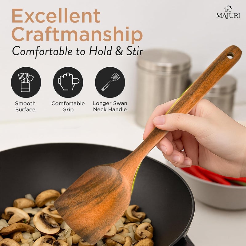MAJURI 10-Piece Wooden Utensil Set with Holder, Spoon Rest & Hooks – Durable Non Toxic Cooking Utensils - Wooden Spoons for Cooking, Ideal Kitchen Utensil Set for Cooking Enthusiasts & House Warming - Image 4