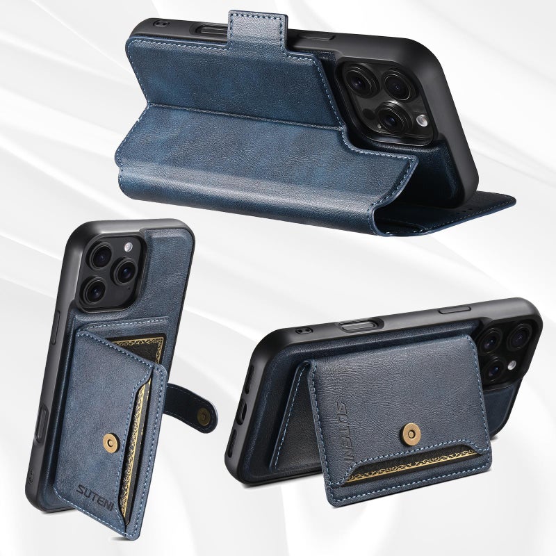 Suteni For Iphone 14 Plus Q07S1 3-In-1 Detachable Wallet Magsafe Splicing Leather Phone Case(Blue) - Image 3