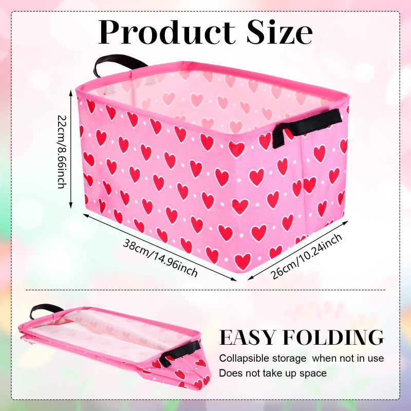 Vesici 6 Pack Valentine's Day Baskets for Gifts Empty Pink Heart Storage Bins Foldable Cute Storage Basket Rectangular Canvas Organizer Boxes with Handle for Books Clothes Home - Image 2