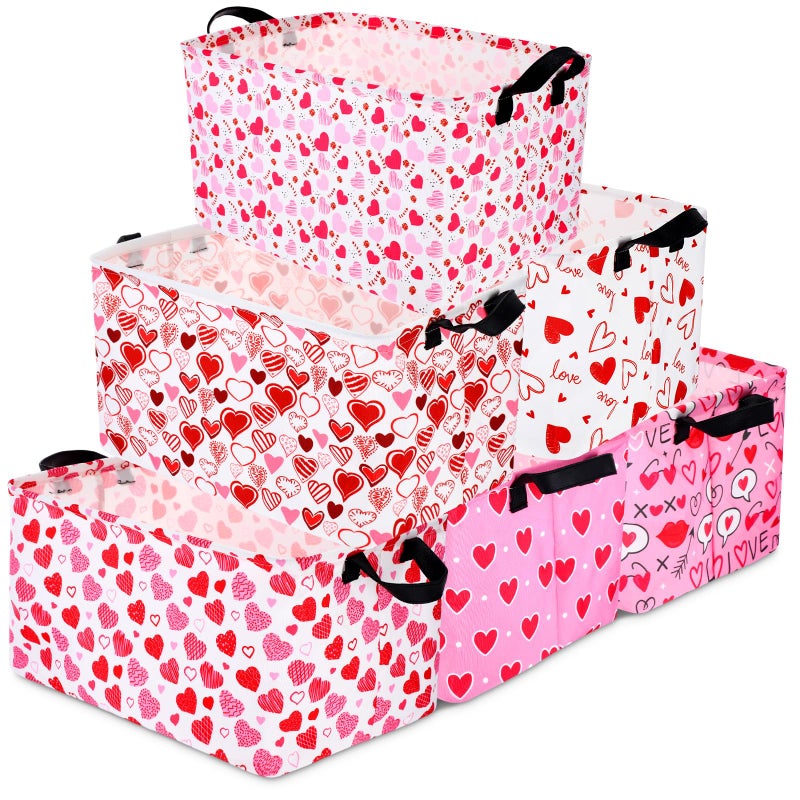 Vesici 6 Pack Valentine's Day Baskets for Gifts Empty Pink Heart Storage Bins Foldable Cute Storage Basket Rectangular Canvas Organizer Boxes with Handle for Books Clothes Home - Image 1
