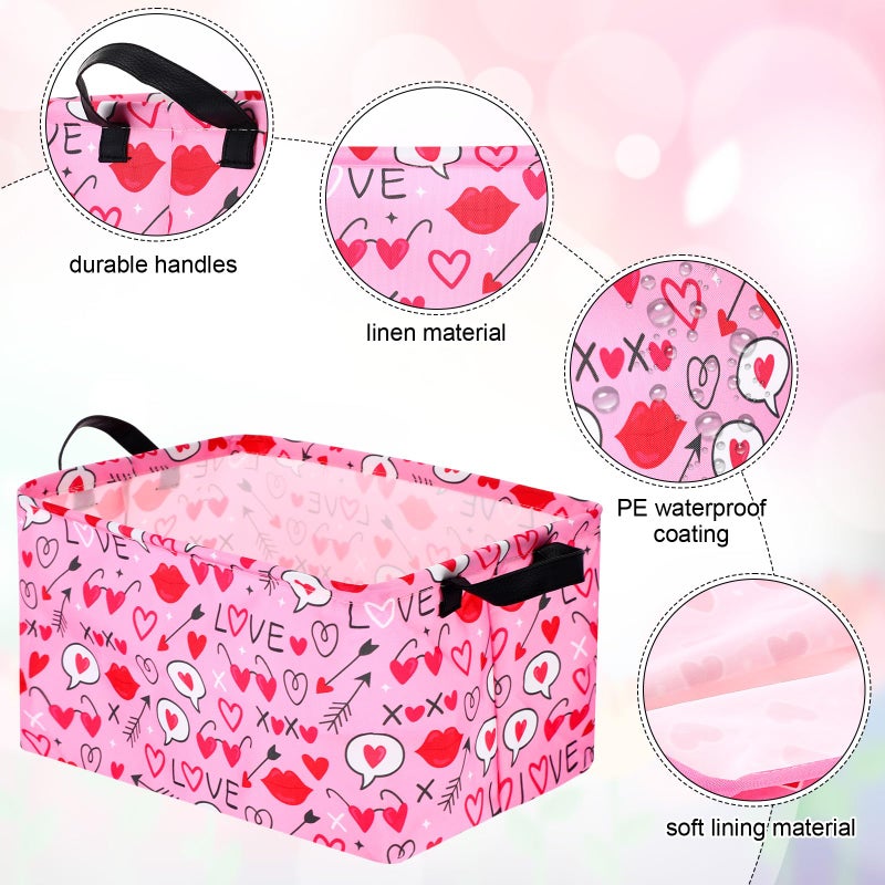 Vesici 6 Pack Valentine's Day Baskets for Gifts Empty Pink Heart Storage Bins Foldable Cute Storage Basket Rectangular Canvas Organizer Boxes with Handle for Books Clothes Home - Image 3