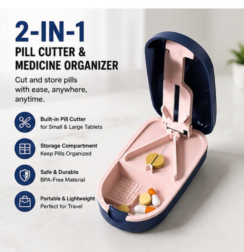 Portable 2-in-1 Pill Cutter & Medication Storage Box – Precision Tablet Splitter for Small & Large Pills – Compact Organizer for Daily Use & Travel - Image 1
