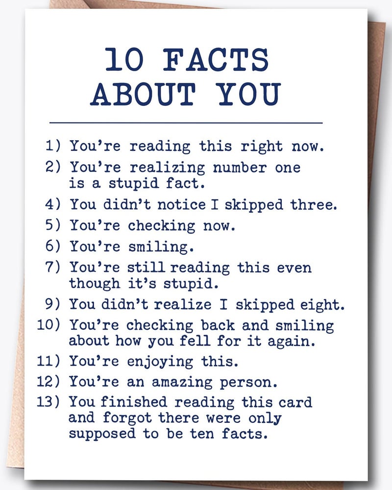 Fwnrmd Funny Birthday Card â€“ â€œ10 Facts About Youâ€ Humor Card, Clever Joke Greeting Card for Friends, Family & Coworkers, 5x7 Inch Folded with Envelope & Sticker - Image 1