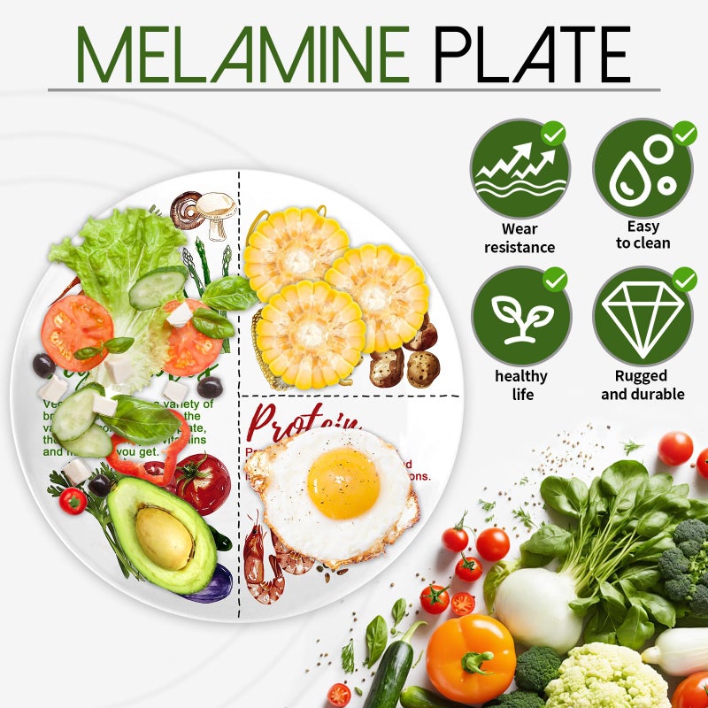 Viynran Portion Control Plate - 10 Inch Melamine Dinner Plate for Balanced Meals, Divided Sections for Vegetables, Carbs, and Protein with Colorful Food Illustrations - 1 Pack - Image 3