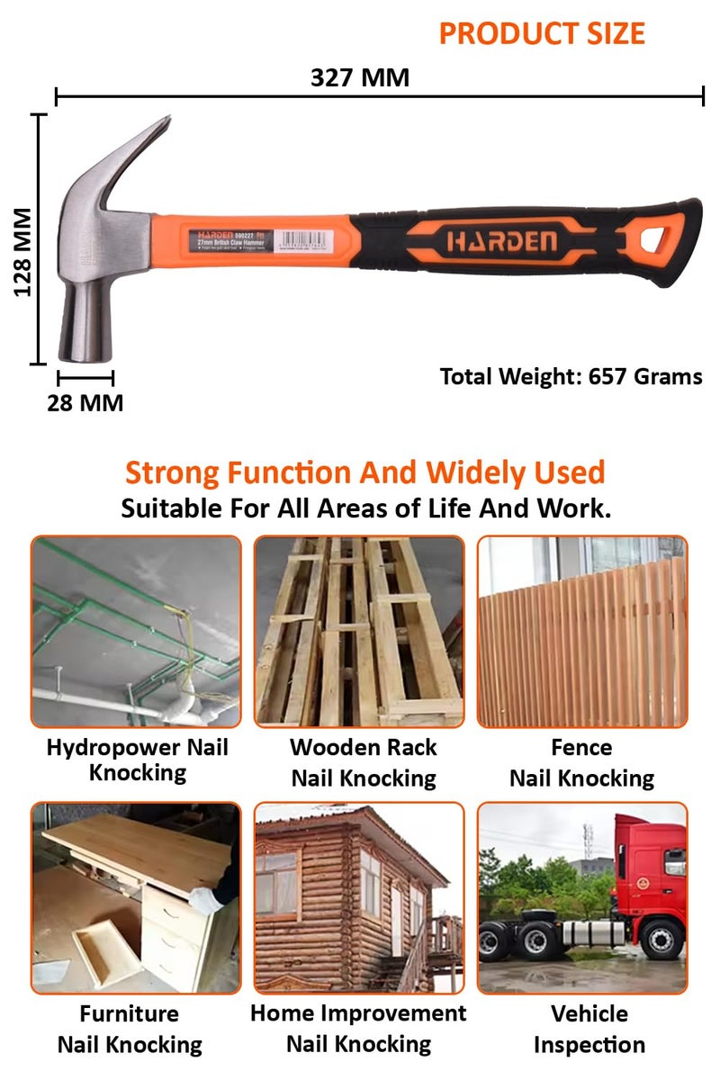 HARDEN 27mm British Claw Hammer With Fiberglass Handle Professional, Forged Fine Grain Steel Head Hardened. HRC>48-590227 - Image 3