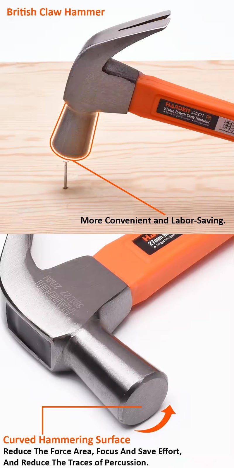 HARDEN 27mm British Claw Hammer With Fiberglass Handle Professional, Forged Fine Grain Steel Head Hardened. HRC>48-590227 - Image 4
