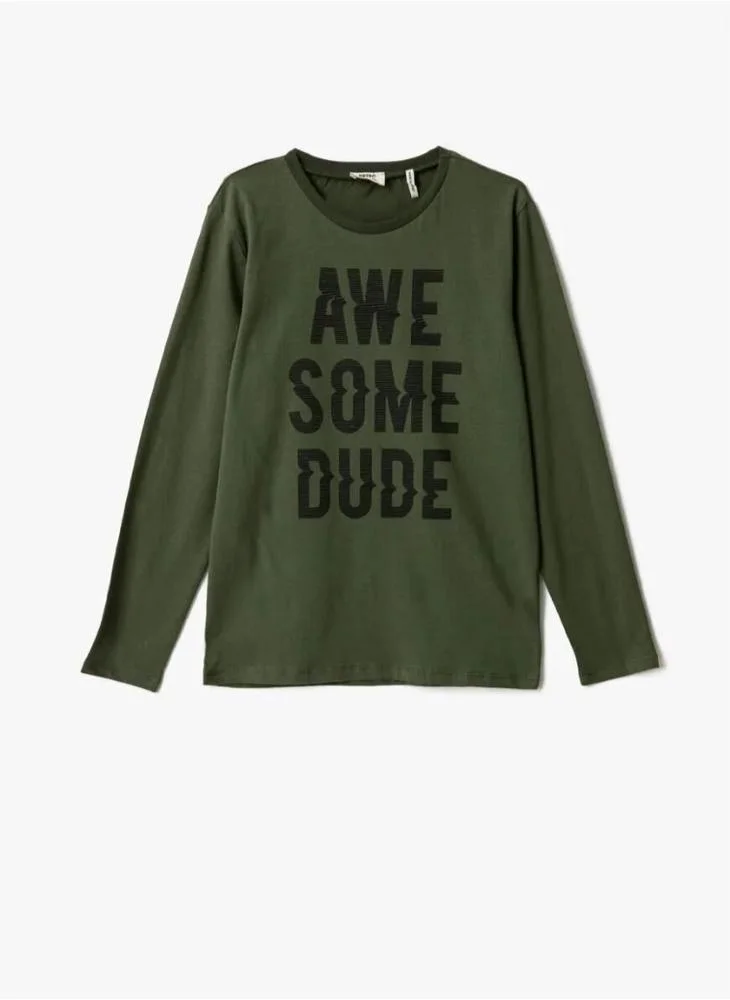 KOTON Slogan Printed Long Sleeve T-Shirt Cotton