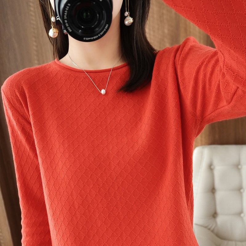Spring 2023 New Base Shirt Simple Solid Color Diamond Pattern Round Neck Roll Edge Loose Slimming Cotton Knitted Sweater - Image 1