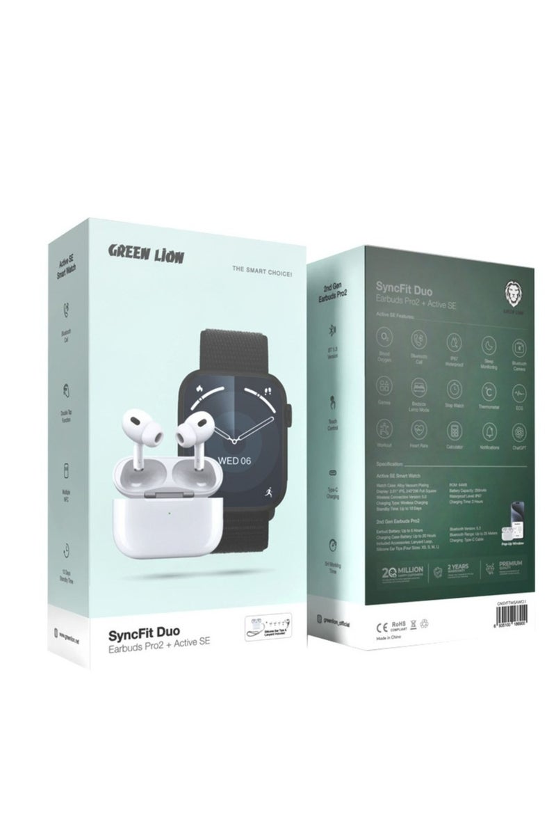 GREEN LION Smart Watch with Earbuds Pro 2 + Active SE – 2.01" IPS Display, 240x296 Resolution, 10-Day Standby, Bluetooth 5.3, 5H Earbuds Battery, 20H Case Battery, IP67 Waterproof, Type-C Charging – Black/White - Image 2