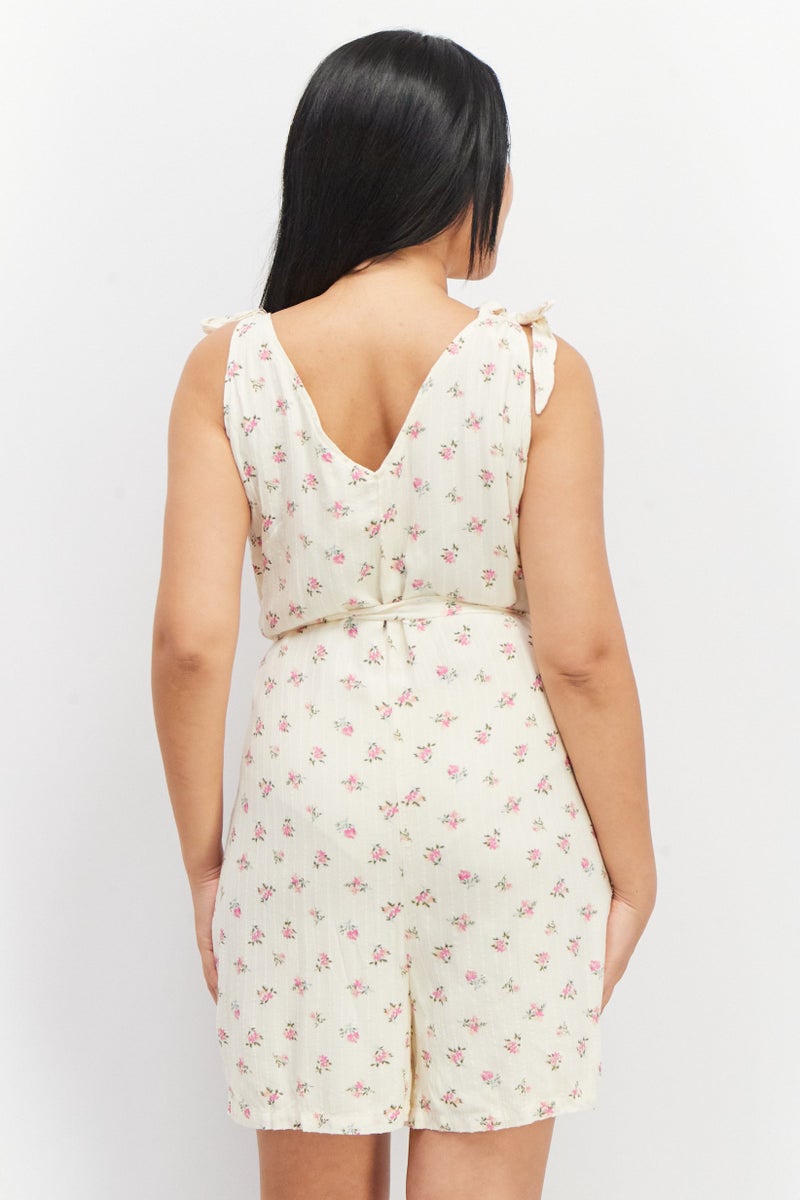 PIECES Women Floral Print Tie Sleeve Playsuit, Cream - Image 3