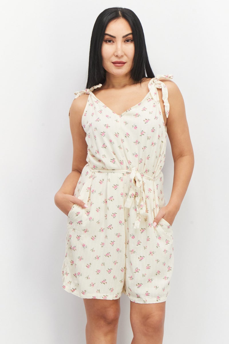PIECES Women Floral Print Tie Sleeve Playsuit, Cream - Image 1
