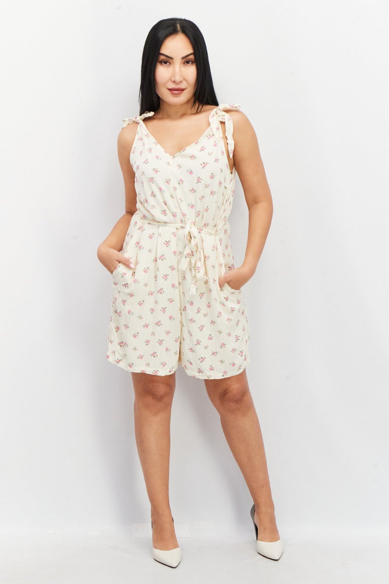 PIECES Women Floral Print Tie Sleeve Playsuit, Cream - Image 4