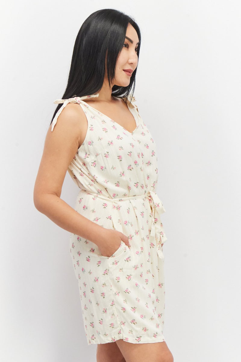 PIECES Women Floral Print Tie Sleeve Playsuit, Cream - Image 2