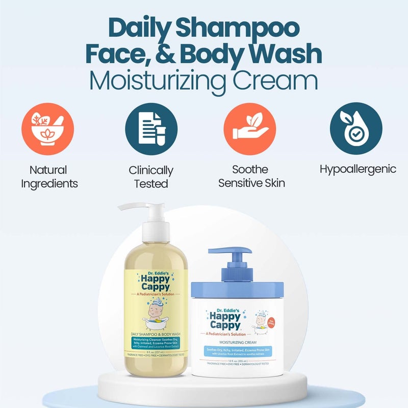 Happy Cappy Baby Shampoo, Body Wash, & Moisturizing Cream Bundle - Eczema Body Wash and Lotion for Kids & Toddlers, Helps with Dryness, Reduces Itching, Dermatologist Tested, Fragrance-Free - Image 3