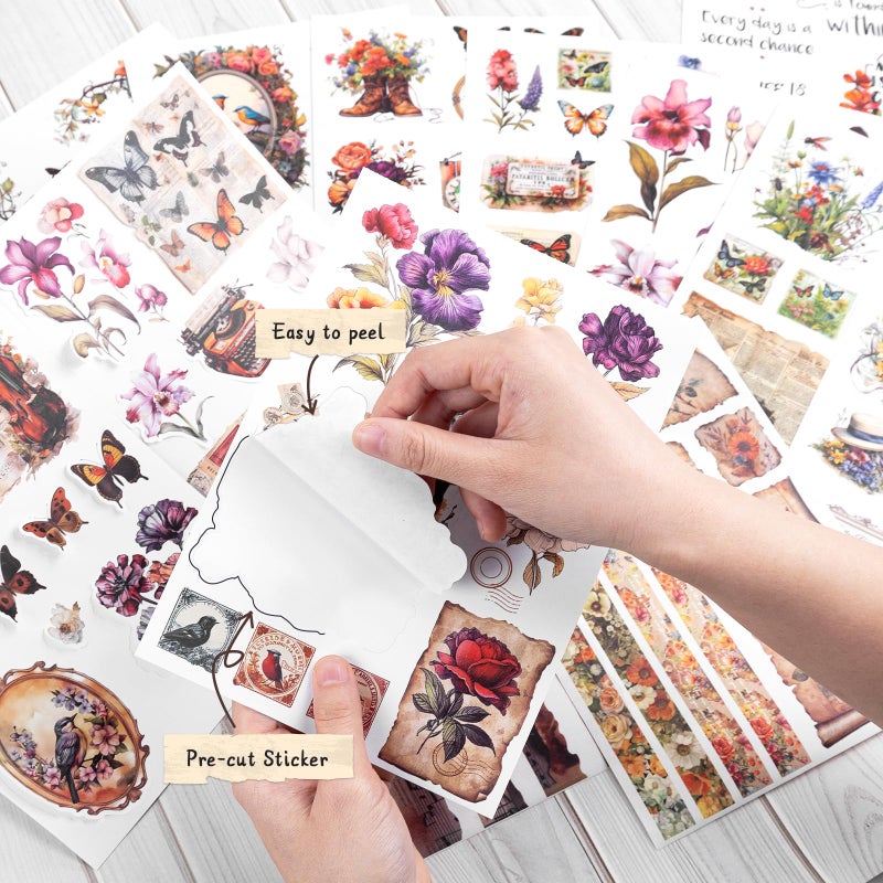 Dizdkizd 177 Pre-Cut Flower and Bird Scrapbook Sticker Book for Adults and Teens, Nature Themed Vintage Aesthetic Sticker Set, Journaling Supplies, Ephemera for Junk Journals - Image 4