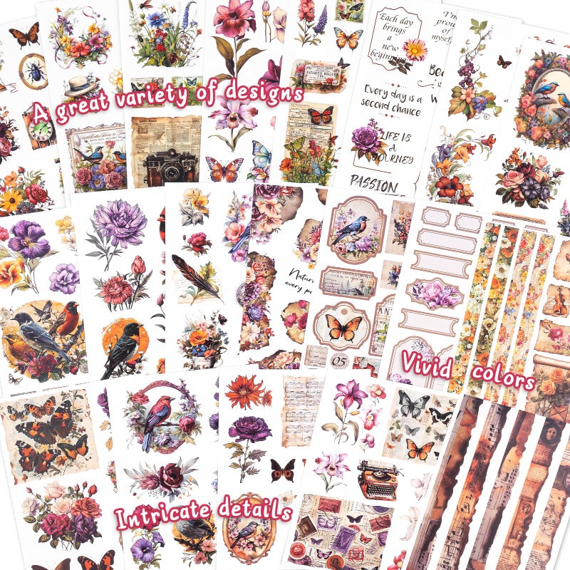 Dizdkizd 177 Pre-Cut Flower and Bird Scrapbook Sticker Book for Adults and Teens, Nature Themed Vintage Aesthetic Sticker Set, Journaling Supplies, Ephemera for Junk Journals - Image 3