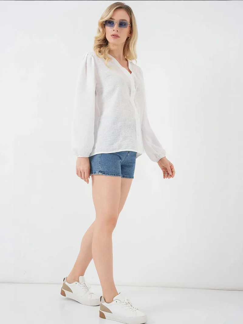 BIG DART BDART Embroidered V-neck Button Blouse