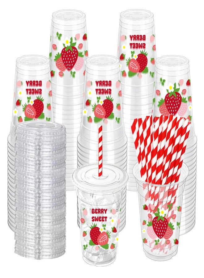 ZCPTZ 50 Pcs Strawberry Plastic Cups with Lids and Straws, 12 oz Disposable Cups Pink Clear Strawberry Party Drinking Cups Supplies for Summer Spring Party Birthday Baby Shower Supplies - Image 1
