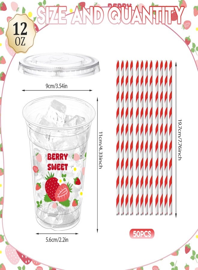 ZCPTZ 50 Pcs Strawberry Plastic Cups with Lids and Straws, 12 oz Disposable Cups Pink Clear Strawberry Party Drinking Cups Supplies for Summer Spring Party Birthday Baby Shower Supplies - Image 2